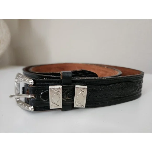 Vintage Tex Tan Tooled Leather BeltSterling Buckle Keepers Tip021862 Size 40